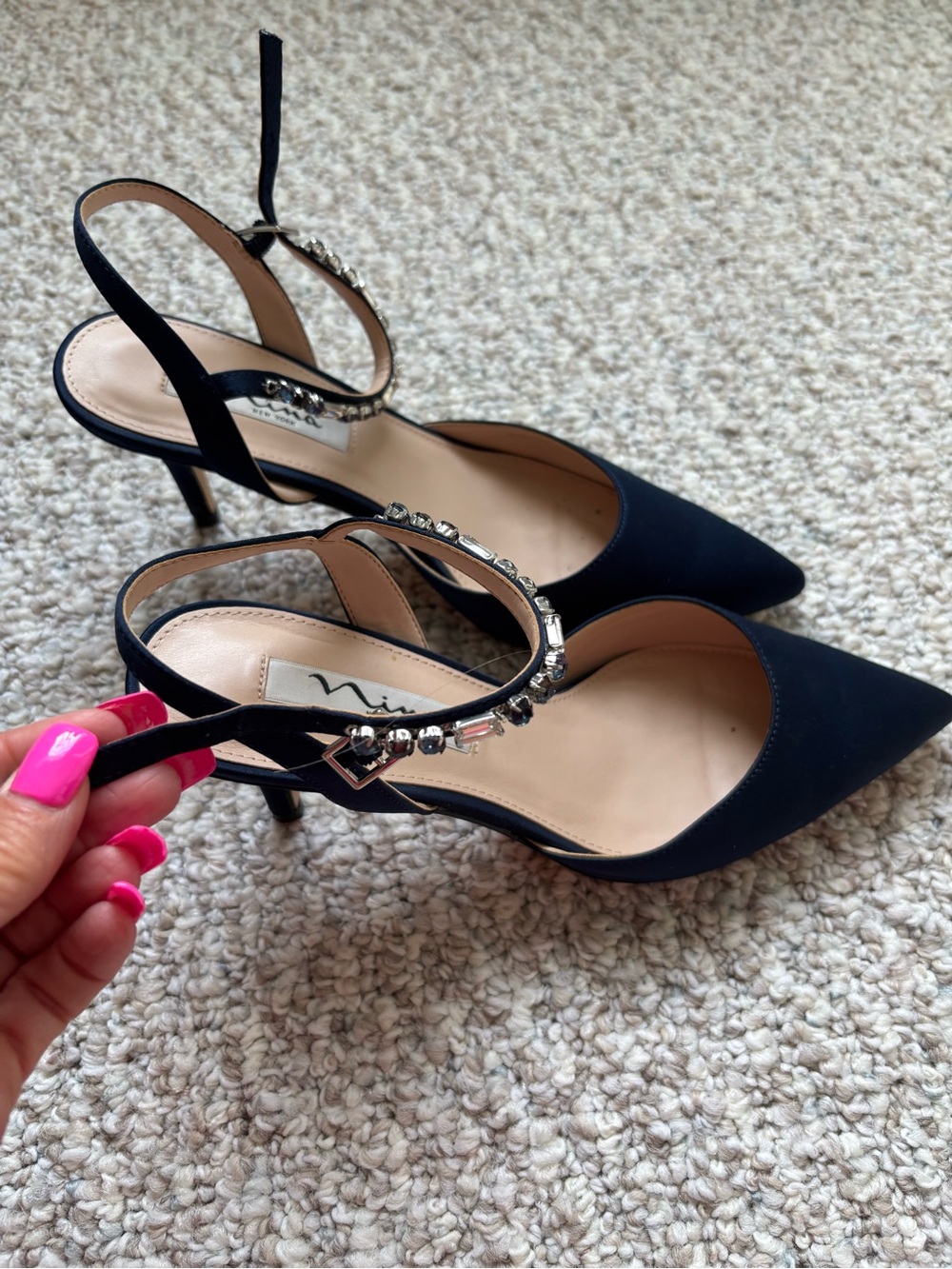 Nina New York Navy Slingback Heels with Crystal Embellished Strap -